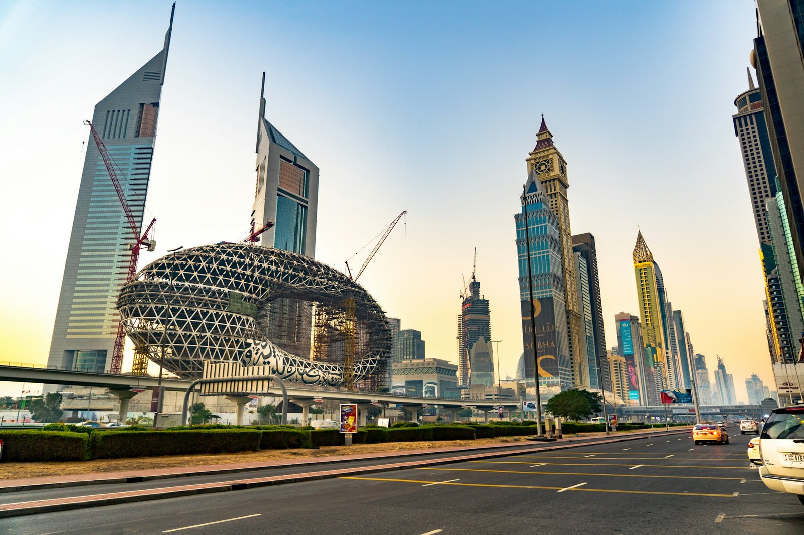 Sheikh Zayed Road and the Dubai skyline at sunset