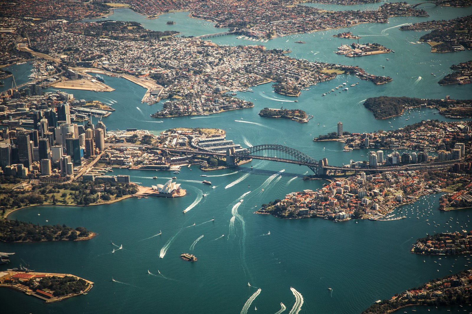 Sydney Harbour from the air, with the bridge and the Opera House