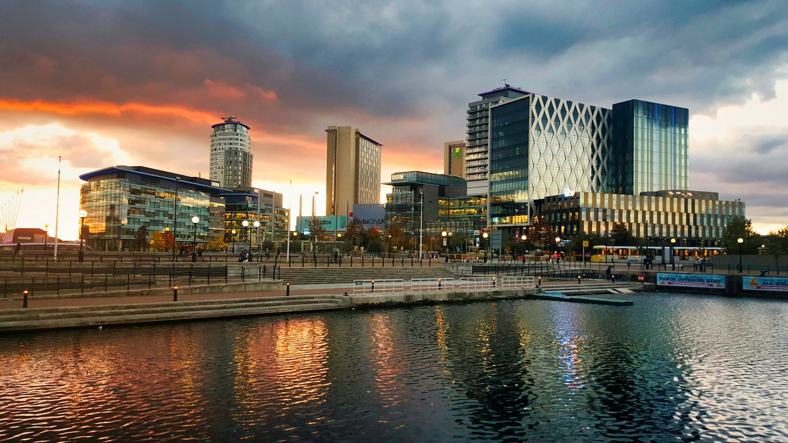 The waterfront at MediaCityUK, Salford, at dusk